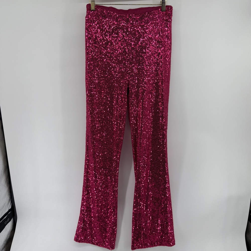 Rachel Zoe Pink Sequin Flare Pants Magenta Party Trousers Womens Medium